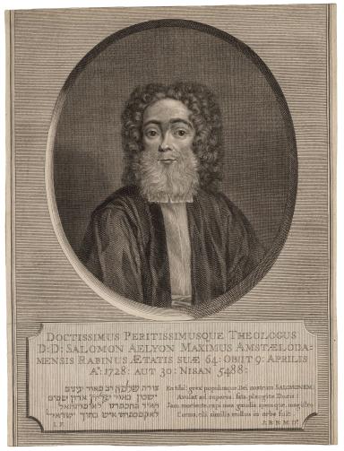 Print portrait of man with curly wig and beard in oval frame, and Latin and Hebrew text below. 