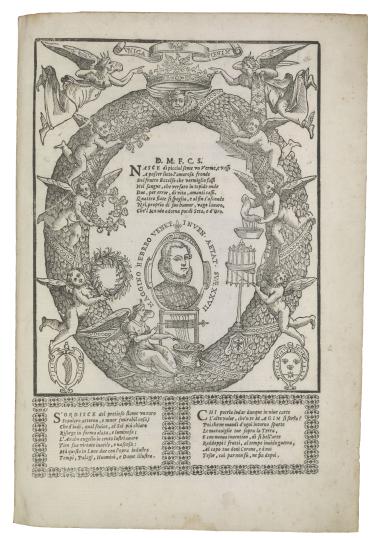 Printed page of Latin text, with portrait of man in center, surrounded by wreath with cherubs, and Latin text in decorative frame below.