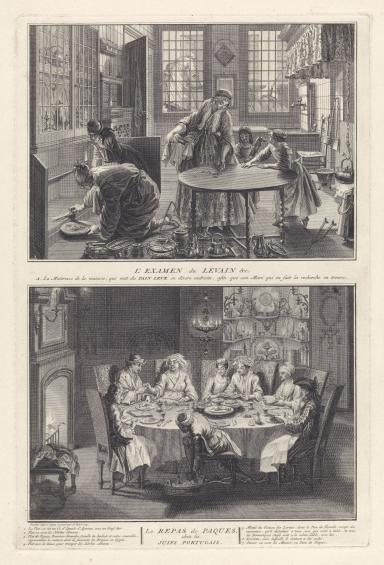 Print depicting two scenes with French text under frames: top shows women and girls in kitchen looking through cupboards and cleaning the table. Bottom shows eight individuals around a dining table in ornate room with lit fire in fireplace. 
