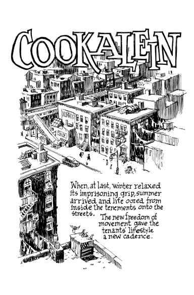 Comic book page with title across the top over bird's-eye view of city streets, and English text below about summer in tenements. 