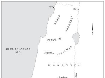 Map of twelve tribes of Israel with English name labels. 