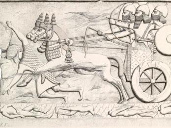 Drawing of relief of men in chariot trampling other figures. 
