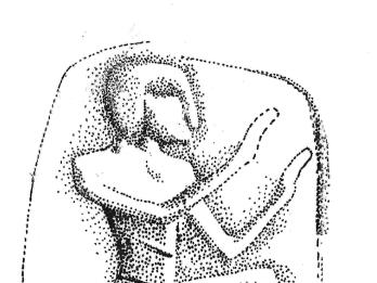 Drawing of kneeling figure with hands raised to shoulder height.