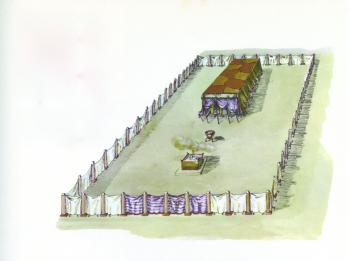 Drawing of rectangular courtyard surrounded by fence, with inner tent and fireplace.