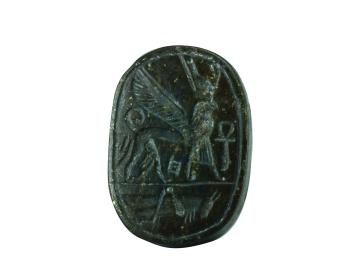 Seal with griffin wearing a kilt and double crown with ankh symbol, and locust on bottom of seal.