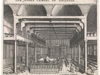 Print of building interior with central podium, columns, and second floor balcony.