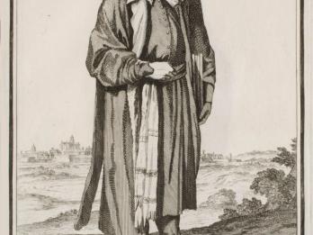 Print of man standing wearing wide-brimmed hat.