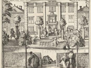 Drawing of front view of a house on the far side of a canal, with people in front of the canal and alongside the house. 