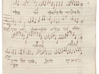 Manuscript page with Hebrew words and musical notes above letters.