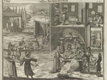 Print engraving of scenes indoors and outdoors of people cooking in kitchen, cleaning, using oven, and gathering wheat.