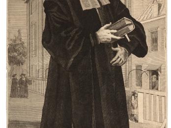 Print of full-body portrait of man in hat and robes holding book with large building in background, and Hebrew writing beneath portrait. 
