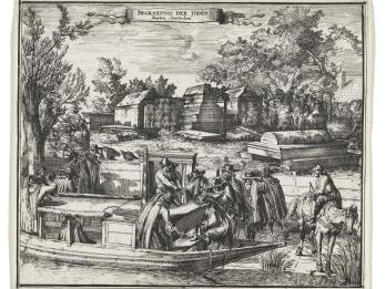 Print engraving of people on boat docking at a graveyard and lifting out a tomb. 