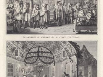 Print of two scenes: top shows a procession of men in prayer shawls holding branches through a synagogue. Bottom shows a group of people eating at a table in a tabernacle. 