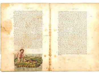 Facing-page manuscript with Hebrew text and an illustration of a naked boy sitting next to a deer on bottom margin of left-hand page. 