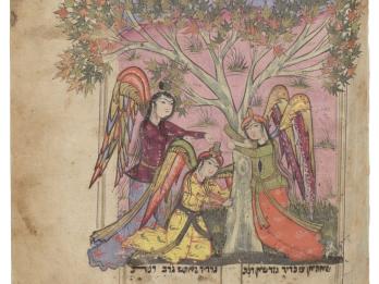 Manuscript page of Judeo-Persian text with illustration of three angels beneath of tree.