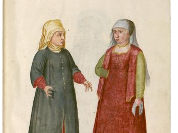 Watercolor depicting two woman standing wearing head coverings and dresses with Latin text above. 