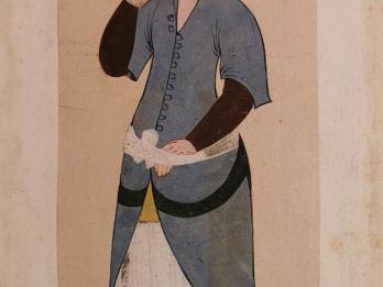 Painting of woman standing in tall hat with one hand pointing at her mouth.