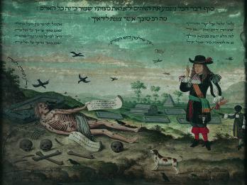 Painting with Hebrew and Portuguese text throughout, and depiction of man in graveyard accompanied by servant seeing decaying corpse being picked apart by crows. 