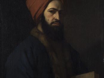 Portrait painting of bearded man in turban holding a book and facing viewer. 
