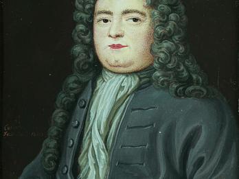 Portrait painting of man wearing periwig and looking to his left. 