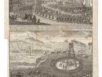 Print in two panels, with miniature portraits of two men at top of page, and German text below each panel: the top panel of procession of many people through city square, and the bottom panel of large crowd of people outdoors around a gallows on a tower.