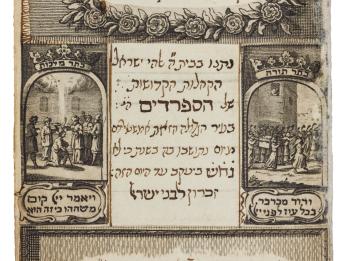 Page with Hebrew title surrounded by wreath and two cherubs, above middle section with two columns with small pictures and Hebrew text in center, and Hebrew line at bottom of page. 