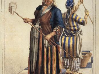 Lithograph of two women washing walls in room with checkered floor.
