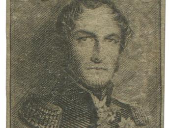 Engraved stamp depicting portrait of man in epaulets and the number 10. 