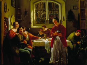 Painting of soldier in uniform seated at table surrounded by men, women, and children.