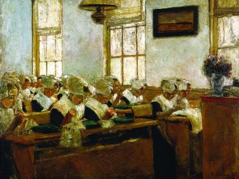 Painting of women seated at rows of desks sewing.