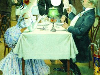 Painting depicting man and woman at a restaurant table as their server stands between them.