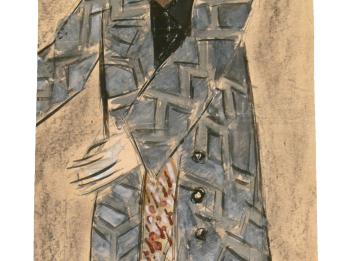 Painting and drawing of bearded man wearing a hat, checkered jacket, and skirt-like garment around legs.