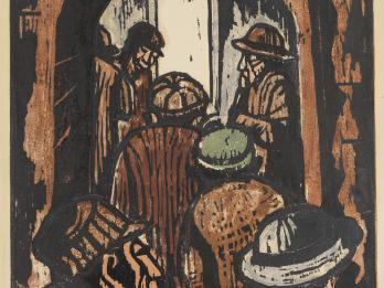 Woodcut of men in coats and hats huddled together in an alley.
