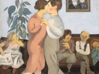 Painting of man and woman dancing to the accompaniment of a harmonica player, with people watching from sofa.