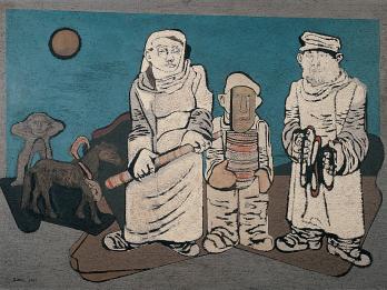 Painting of three figures holding objects with horse, Egyptian sphinx and moon in background.