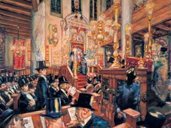 Painting of men wearing top hats seated and standing in crowded, decorated room with columns and Torah ark in background. 