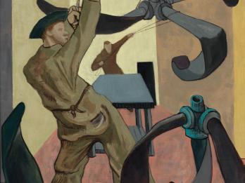 Painting of a man in uniform pulling on ropes to lift a propeller, surrounded by other propellers, as another man performs the same action in the background. 