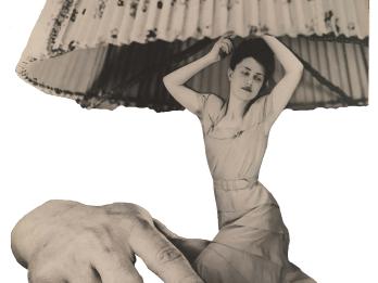 Photomontage featuring male hand grabbing the base of a lamp. The lamp base is a woman wearing a dress.