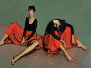 Painting of two female dancers in skirts seated with their knees slightly bent facing the viewer, one with head dropped and the other sitting up.