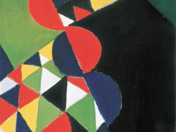 Abstract painting featuring simple circles, half-circles, squares, and triangles.