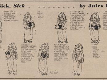 Comic strip with eight images of the same bearded man in robes with text next to each version of him. 