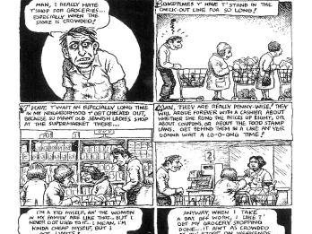 Comic book page split into six panels featuring a man facing the viewer in several panels and the rest with him in line at the supermarket, and English text describing waiting behind Jewish ladies at the supermarket. 