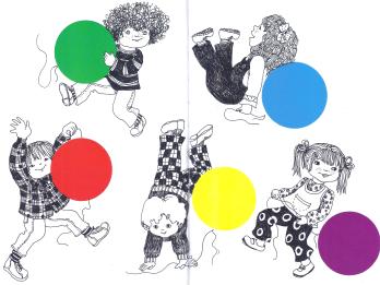 Drawing of five children playing with one balloon each.