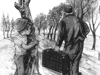 Drawing of small boy behind a tree watching a man walk away holding a large briefcase. 
