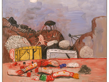 Abstract landscape painting featuring a face covered by a canvas behind a table covered with paintbrushes, with hills of barren landscape and geometric shapes in background.