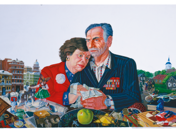 Stylized portrait painting of man and woman sitting at a table facing forward cluttered with objects, fruits, animals, and papers, the woman resting her head on the man's shoulder as he holds a handful of papers, amid buildings in background. 
