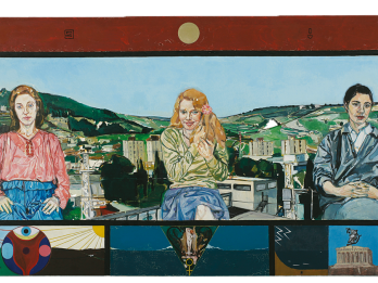 Painting depicting three women seated with buildings and hills behind them, above small set of images including cows and two suns on either side of an eye on left, a woman in triangle surrounded by snakes in center, and a building ruin with owl on right.