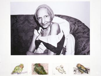 Photograph of older woman with head covering smiling at the camera, with small watercolor paintings of four birds below photograph.