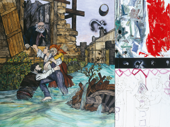 Mixed media work of older woman and man pulling a young man from the water as an older man watches from an open window with two abstract works on right side, one of a circus and one of large paint strokes.