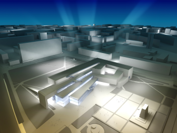 3-D rendering of lit-up buildings. 